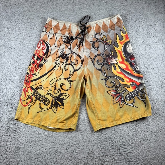 Vintage Y2K Ed Hardy Board Shorts Mens 34 Pray For Surf Love Kills Slowly Swim - Picture 1 of 10